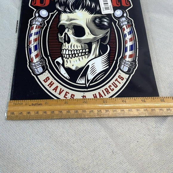 Vintage Vibe Los Angeles Barber Shaves & Haircuts Tin Metal Sign Skull Red Black - Picture 5 of 6